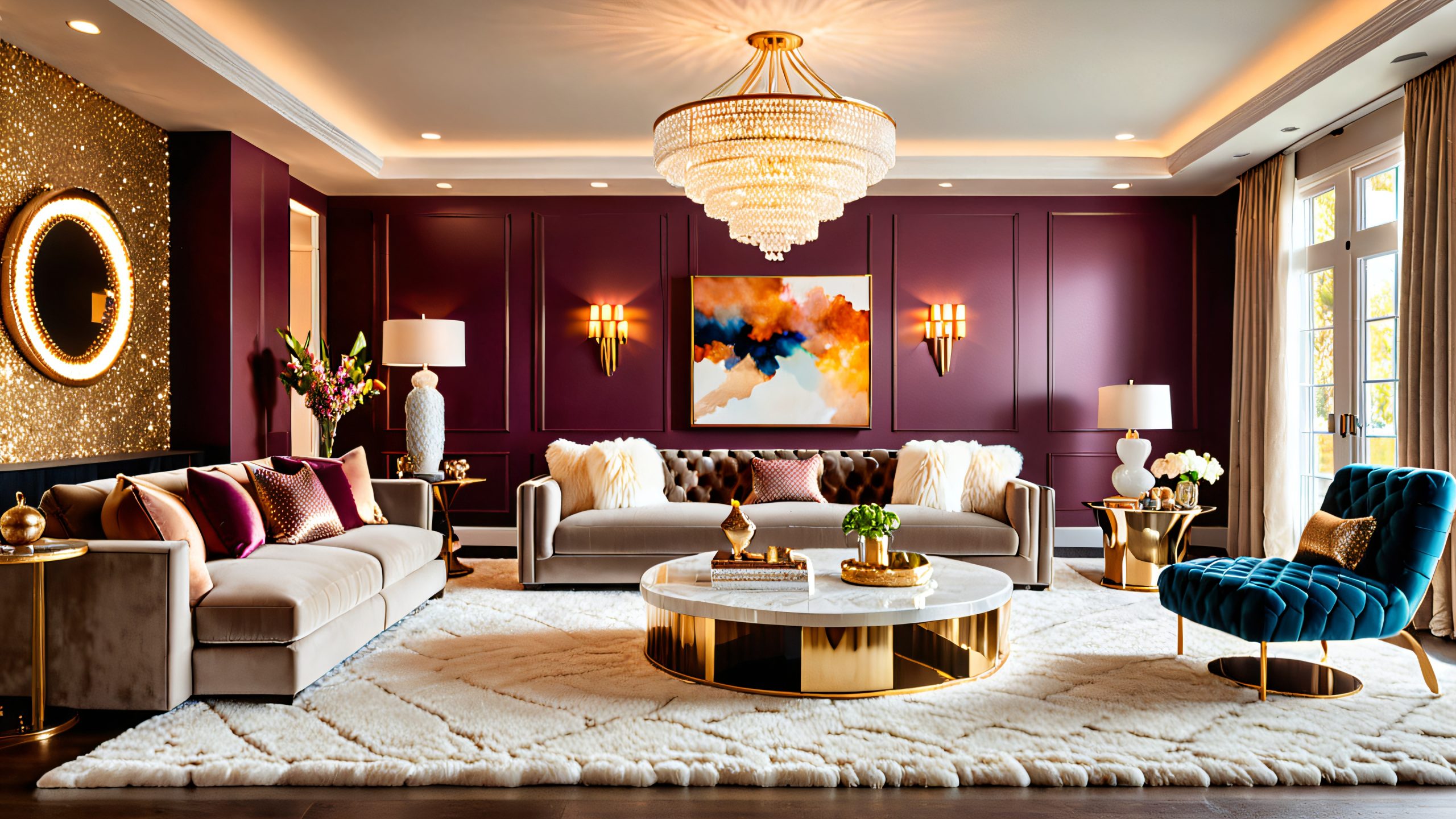 Luxurious lounge desktop wallpaper for PC or desktop, featuring plush textures, metallic accents, and cozy atmosphere