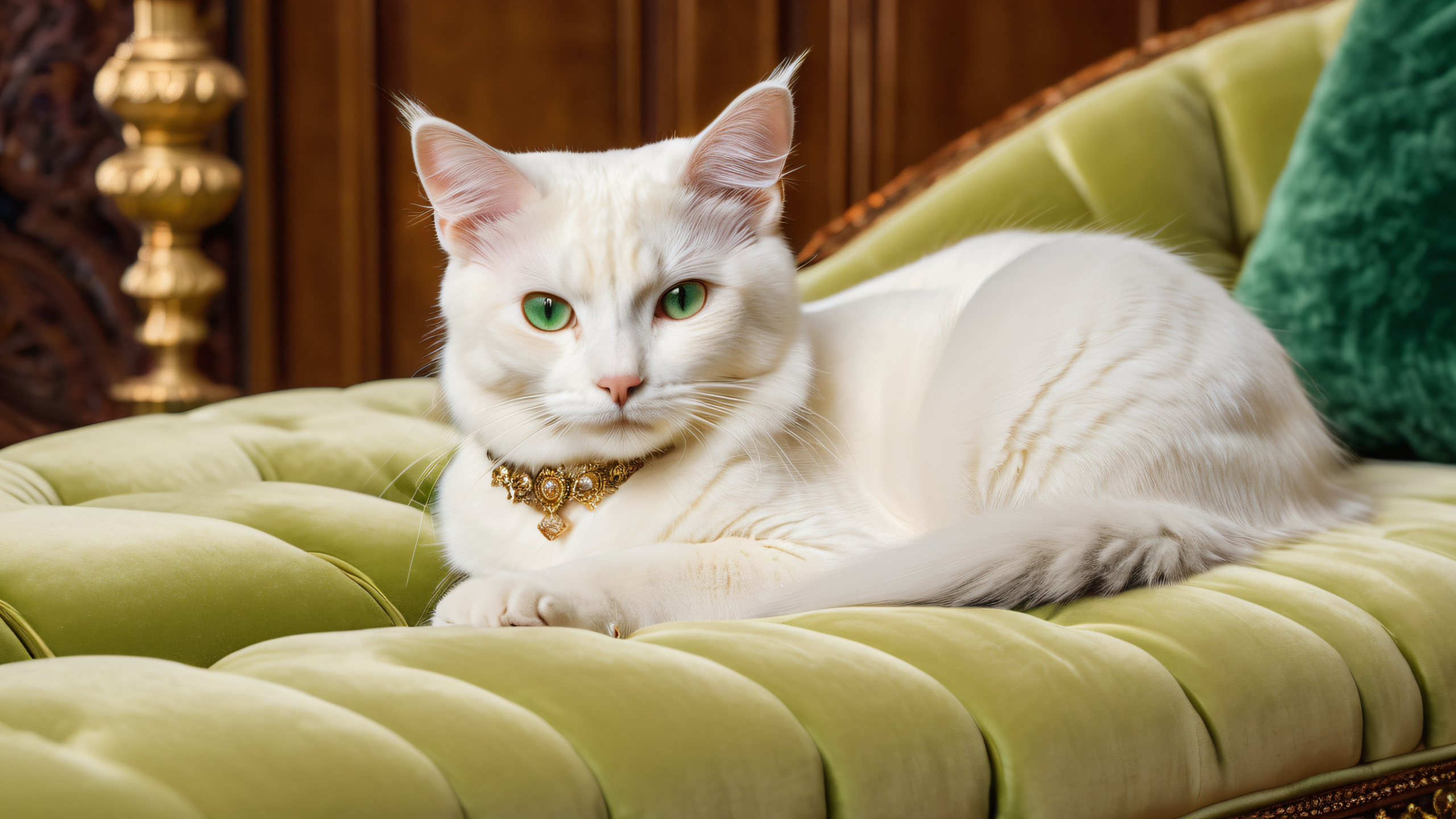 Velvet Pout Luxe Aesthetic PC Wallpaper A sultry cat model lounges on a plush velvet couch in a luxurious boudoir. Desktop/PC wallpaper.