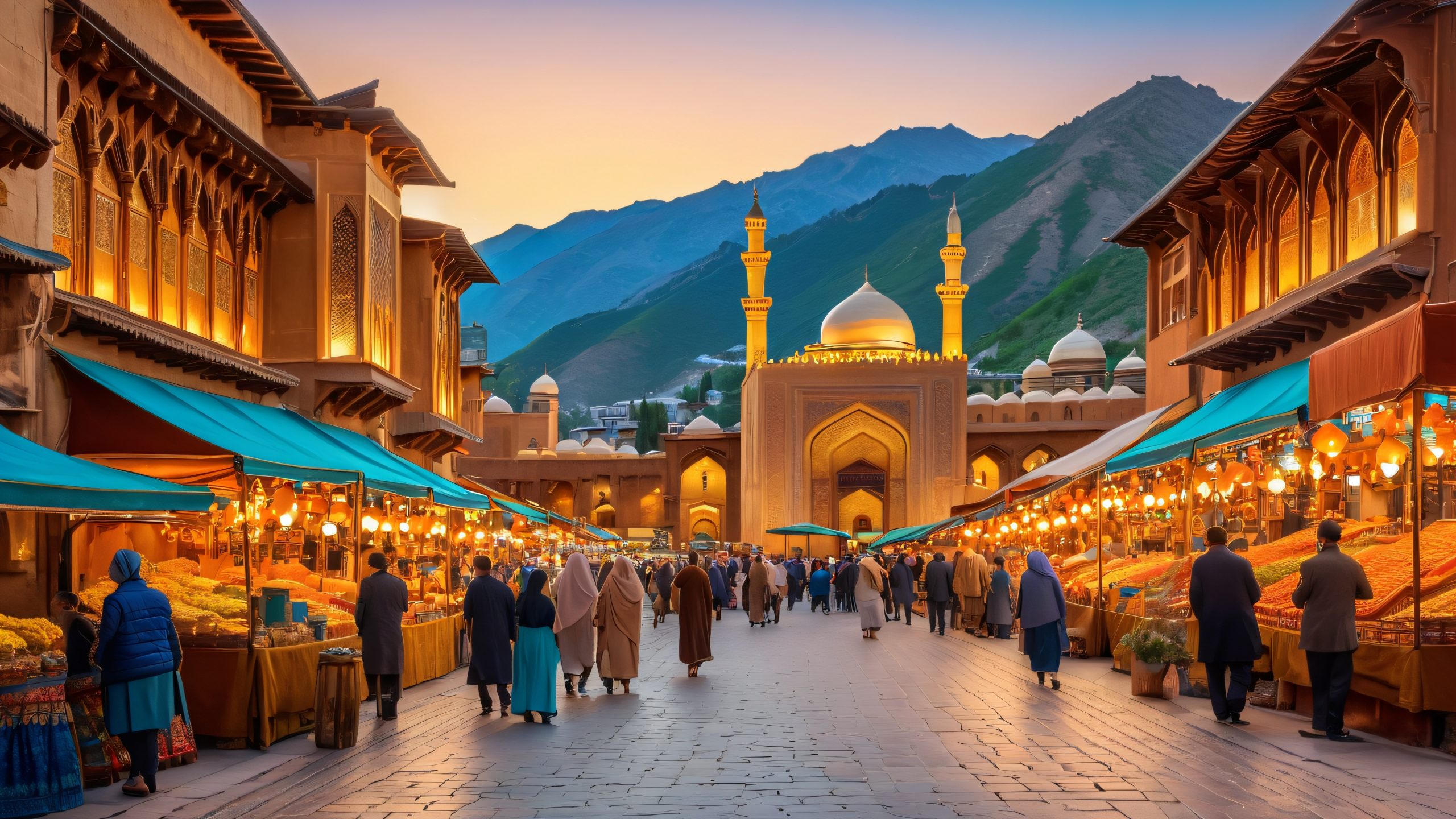 Ancient city streets with intricate tilework and ornate architecture, bustling with people in traditional attire, with the majestic Alborz Mountains serving as a backdrop, for Desktop/PC