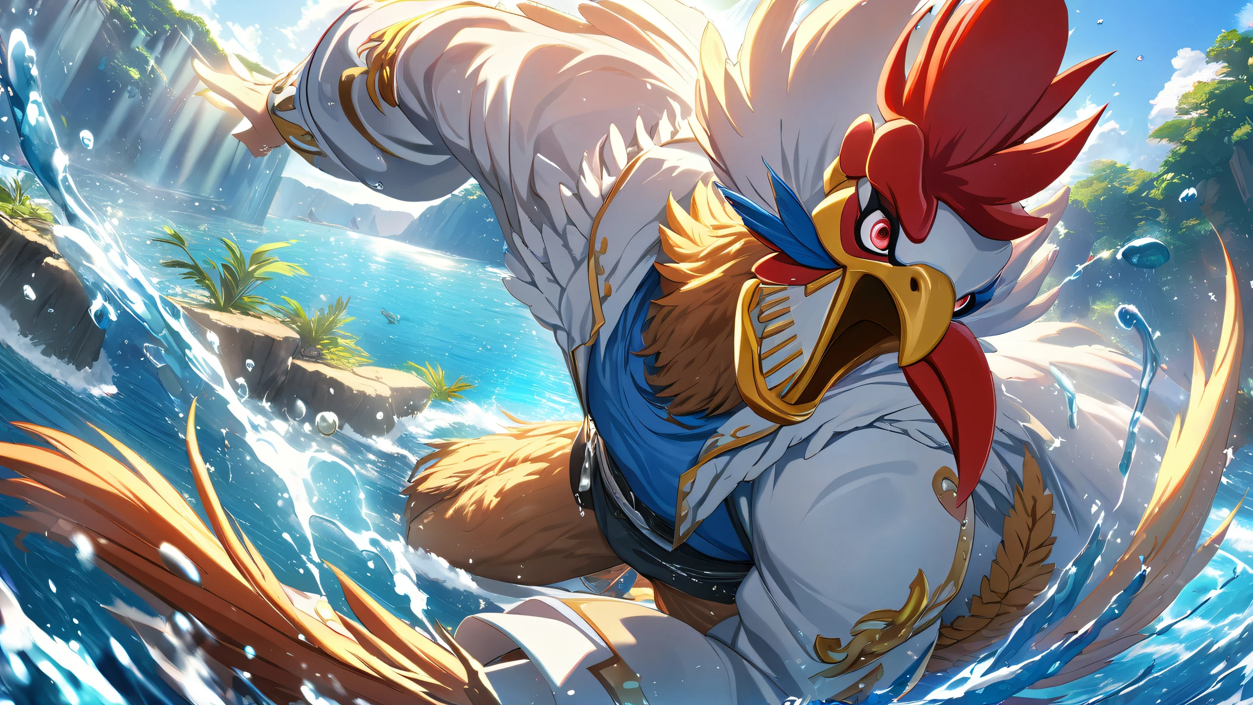 Epic Vibrant Anime Fighters 4K Desktop Wallpaper Rooster Fighter characters in daylight with water drops and harsh sun rays.