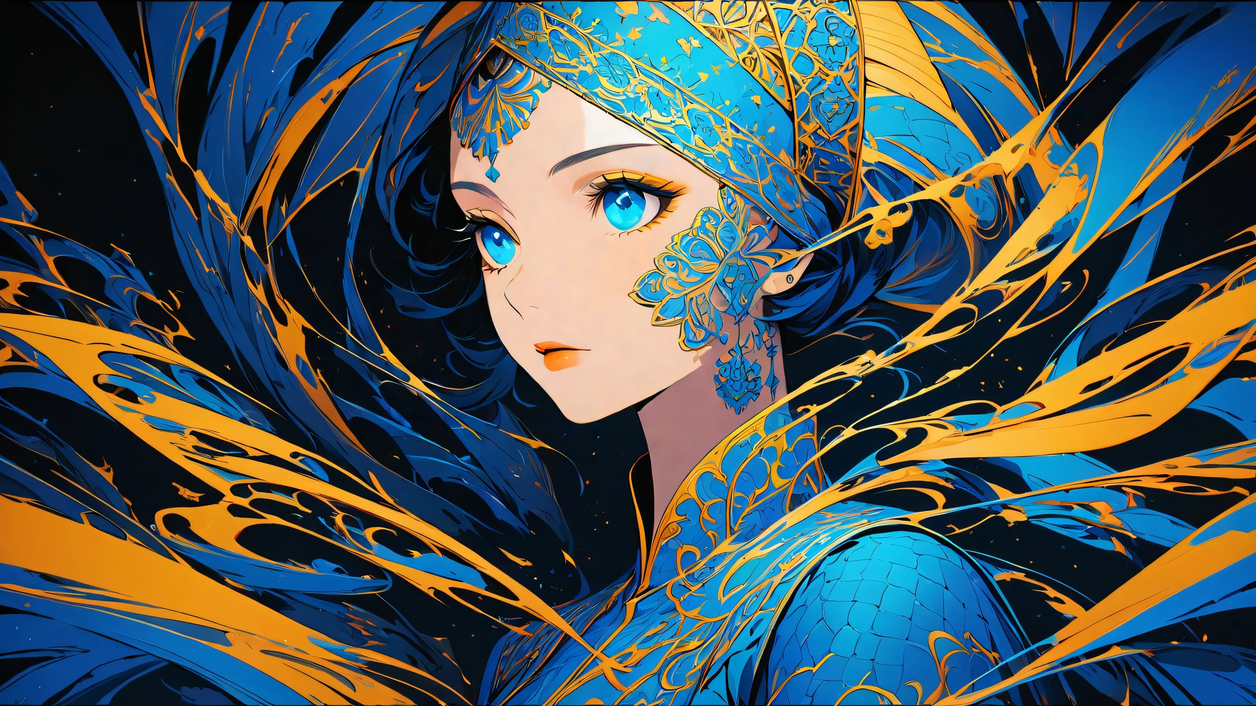 Intricate anime-inspired patterns in high contrast colors, with yellow, black, and blue hues.