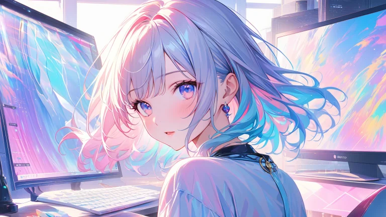 A beautiful anime girl sits in front of a studio setup, surrounded by soft natural light and vibrant pastel shades.