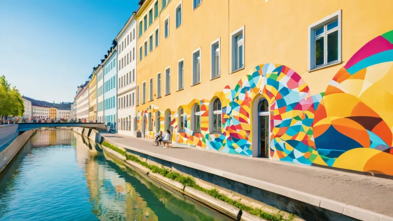 A beautiful Vienna canal scene with a street art mural and people enjoying the urban atmosphere. デスクトップ/PCの背景に最適.