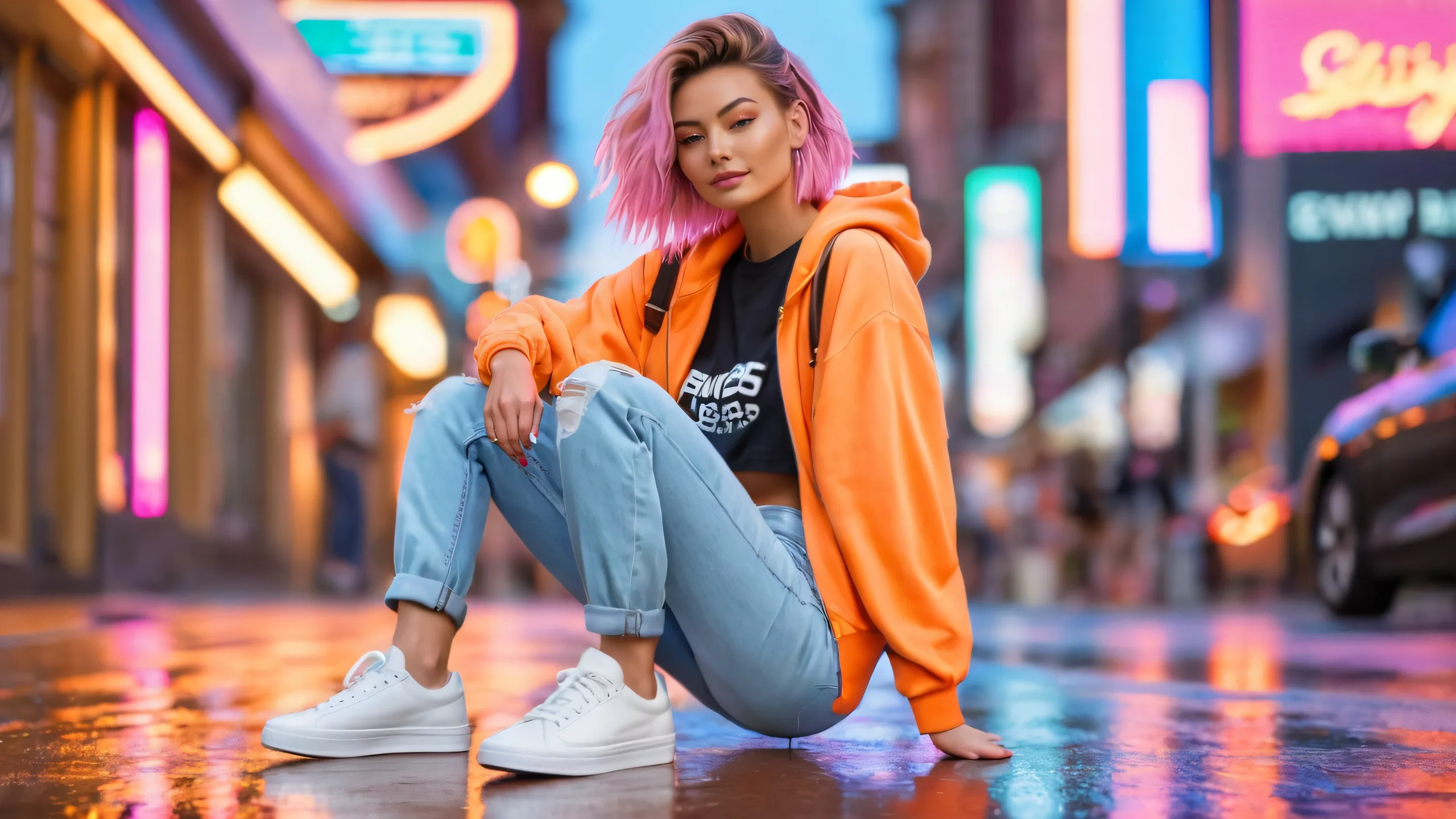 A young adult with a relaxed expression on a city street at dusk, wearing trendy outfit and surrounded by neon lights, suitable for desktop/pc