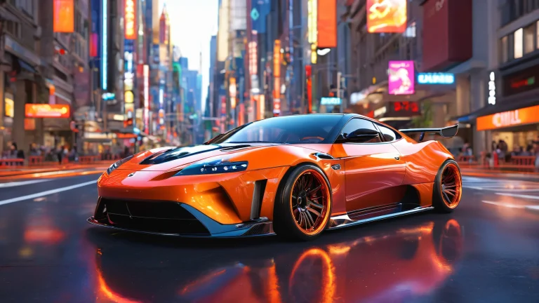 A stunning JDM sports car drifting through a vibrant city at night, surrounded by towering skyscrapers and bustling streets on a desktop/pc.