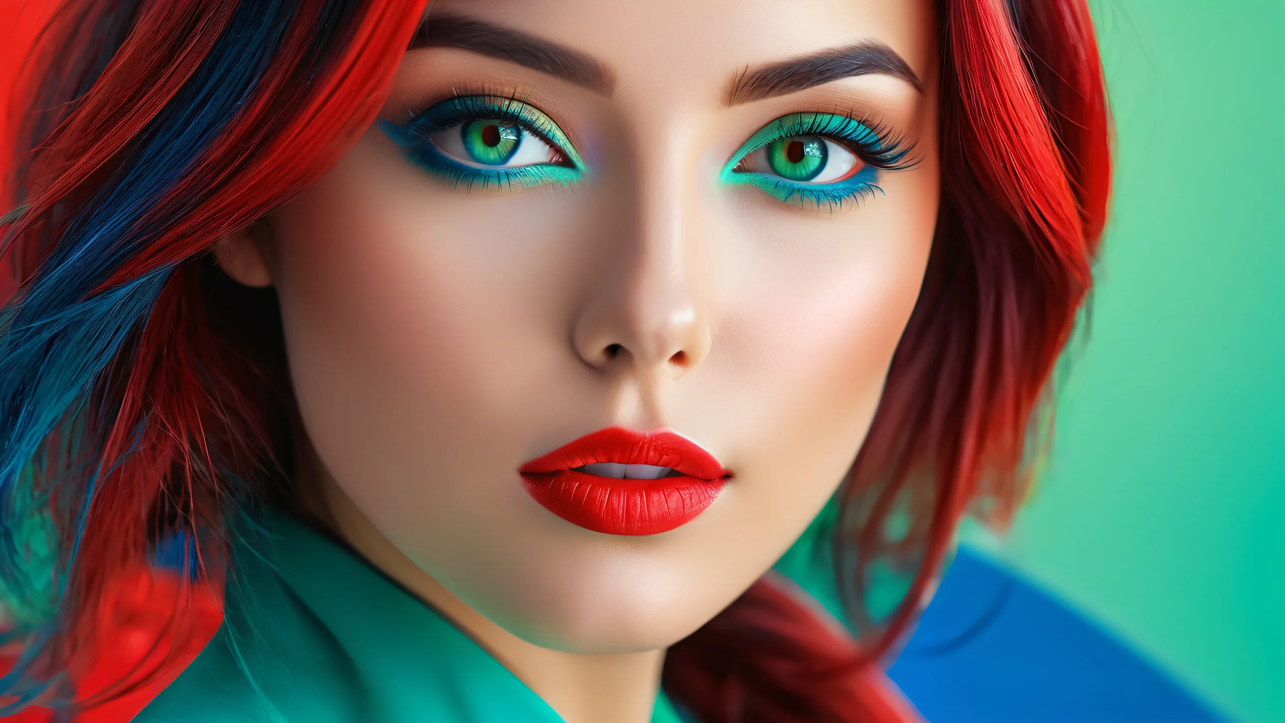 A high-contrast abstract composition featuring geometric shapes in bold red and blue-green hues.