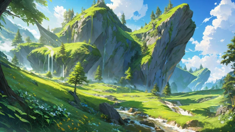 Anime-inspired city with vibrant green and yellow hues, intricate details, and a sense of wonder.