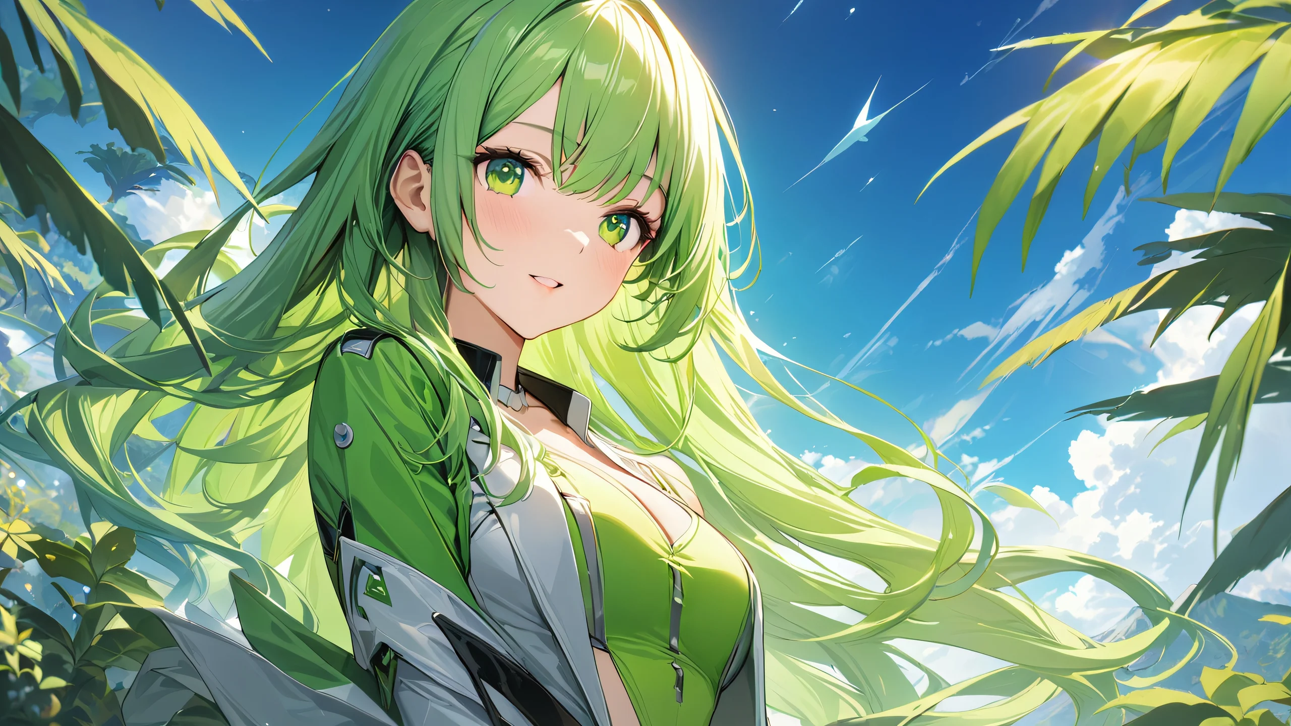 Vibrant Green Girl 4K UHD Widescreen A young anime girl surrounded by lush greenery, with a bright and vibrant yellow-green background.