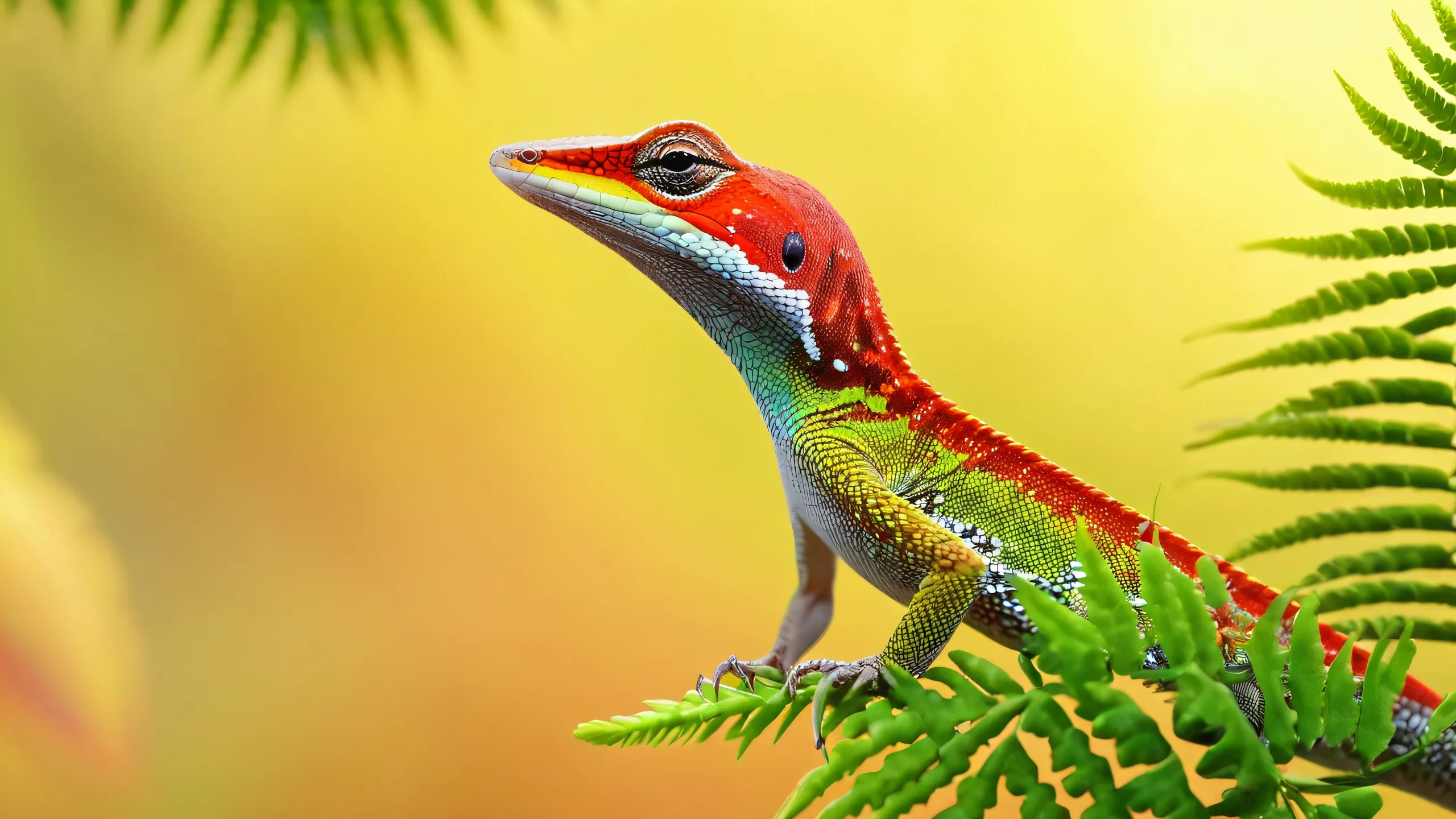 Vibrant Jungle Encounter 4K UHD Wallpaper An anole lizard perched on a branch of bright green ferns against a lush jungle background for desktop/PC use.