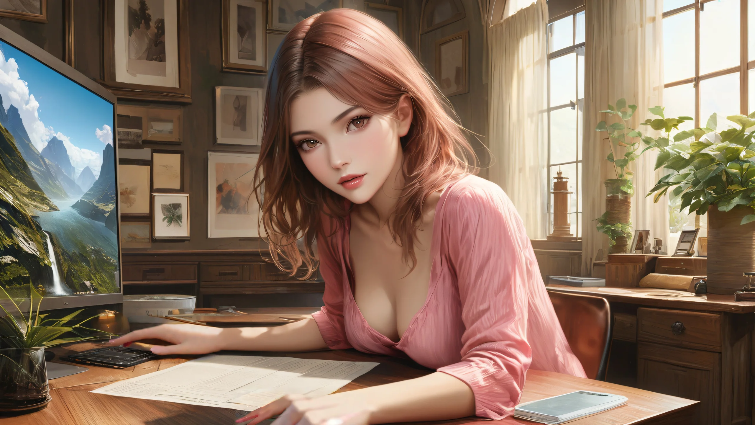 4K Vibrant Pink Women's Gathering Desktop Background Four beautiful women in pink and brown outfits gathered around a table, surrounded by candles and flowers.