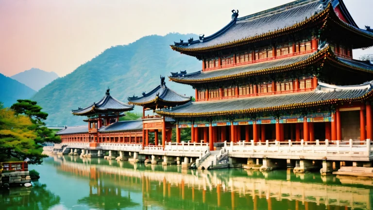 A breathtaking East Asian-inspired desktop wallpaper of a vibrant temple oasis on a 16:9 canvas, perfect for PCs and Desktops.