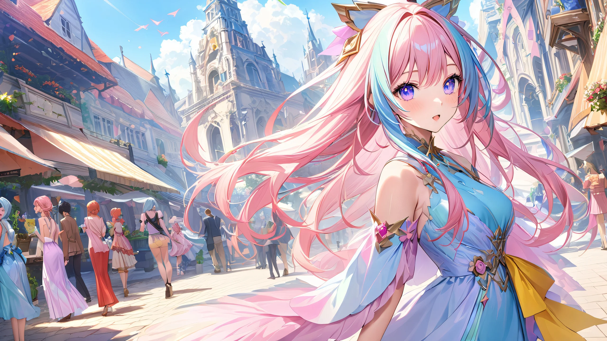 Videogame Girls in Bloom 4K UHD Widescreen A group of women from a video game enjoying the great outdoors under a vibrant pastel sky