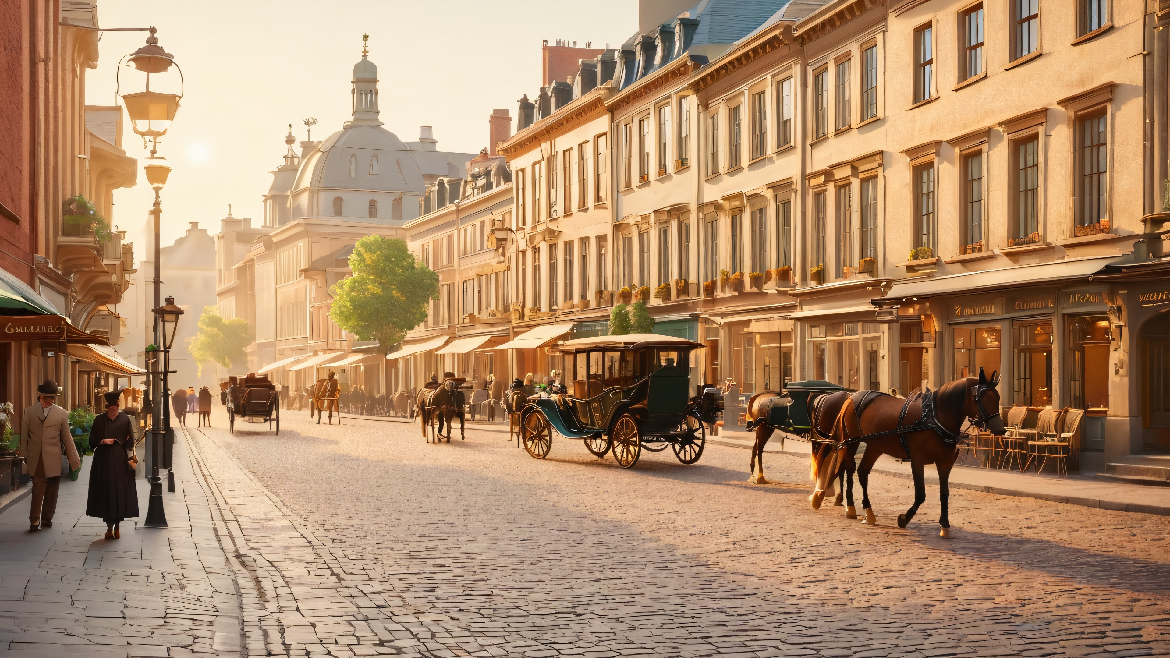 A meticulously re-created 1910 cityscape panorama with ornate architecture, horse-drawn carriages, and elegantly dressed individuals strolling along cobblestone streets.