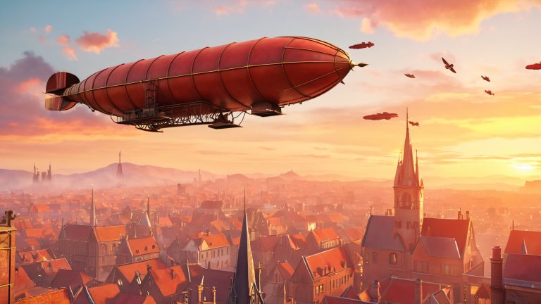 vintage airship soars through crimson skyline at sunset scaled