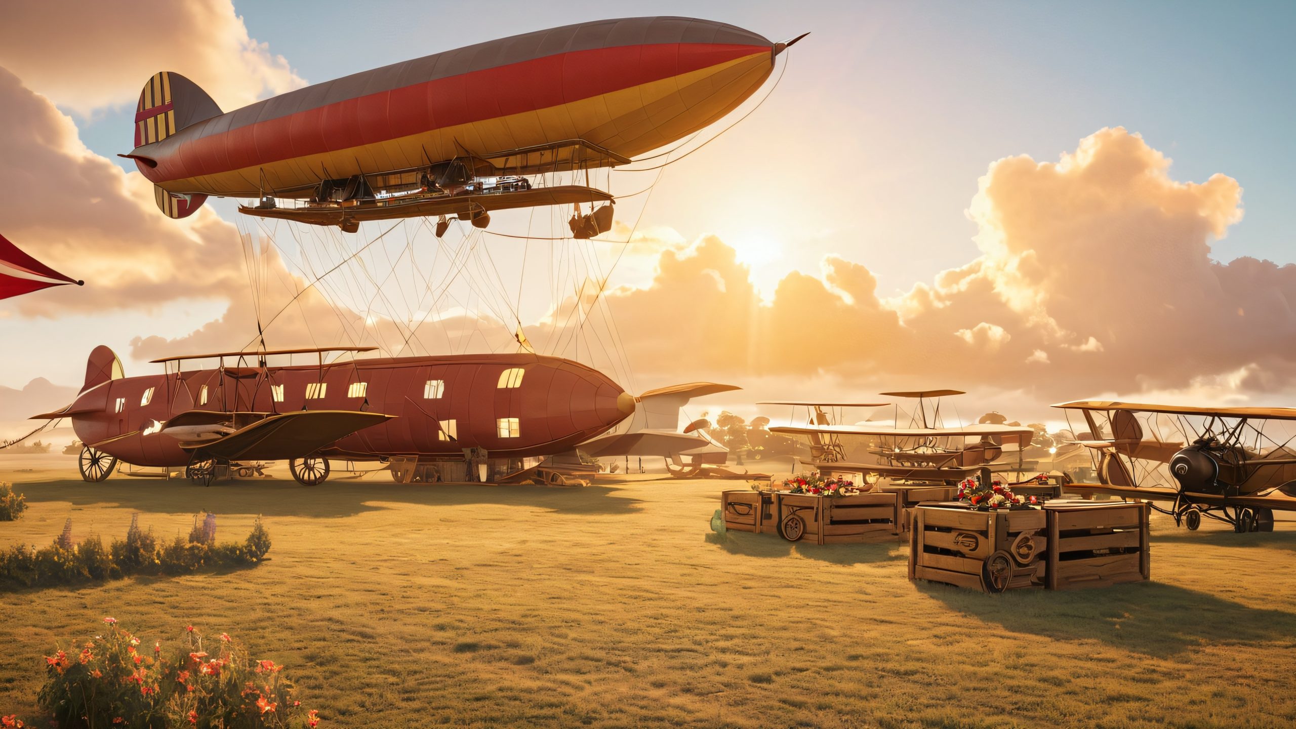 Vintage-style airship docked at airfield amidst stormy clouds and setting sun, for desktop/pc