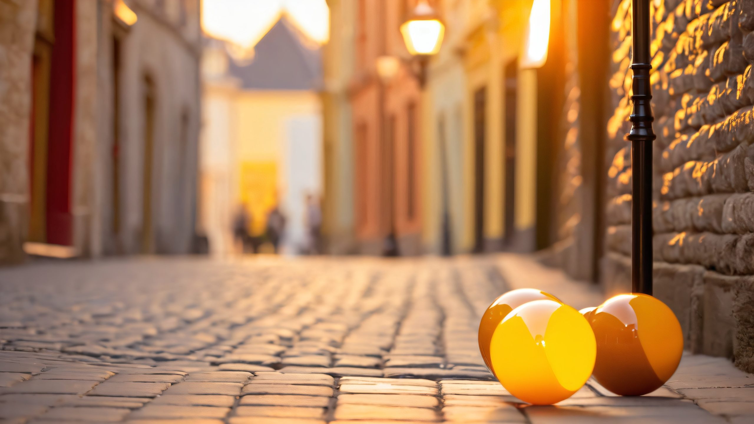 Breathtaking street performer scene on a desktop/pc with a vintage alleyway, worn stone walls, and a streetlamp bathed in warm golden hour light