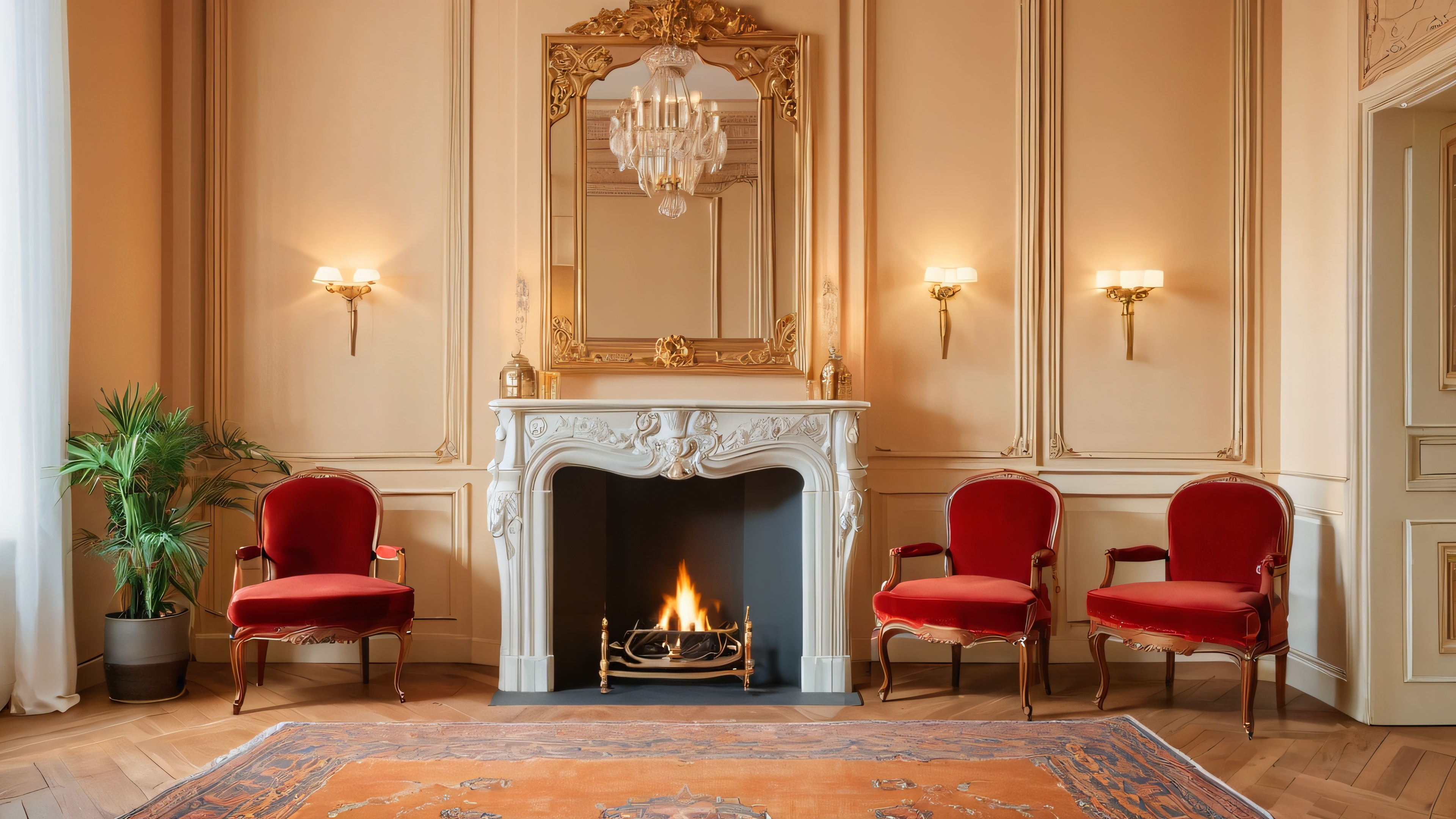 Cozy, ornate apartment with vintage wooden furniture and warm lighting.