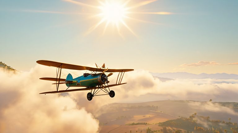 vintage biplane soaring through sunset sky scaled