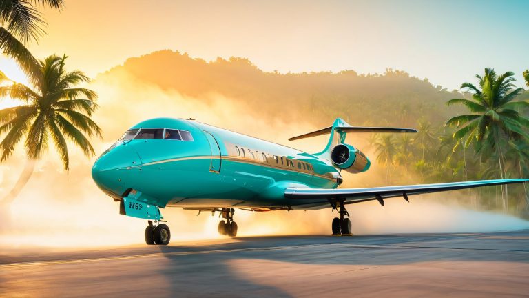 vintage boeing 727 jet takes flight on tropical island wallpaper scaled