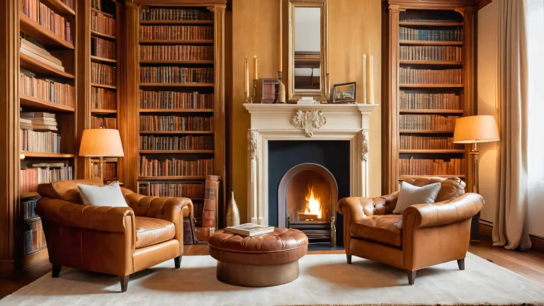 木製の棚にビンテージの革装丁の本が置かれた豪華な本のコーナーを備えた居心地の良いデスクトップ画像, PCまたはデスクトップ/PCに最適.