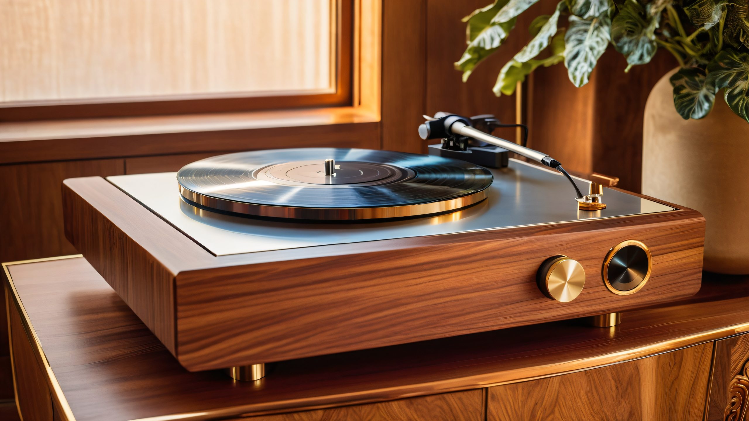 4K Vintage Breeze Study Wallpaper for PC/Mac A luxurious study with a vintage record player and rich wood tones, suitable for desktop/pc