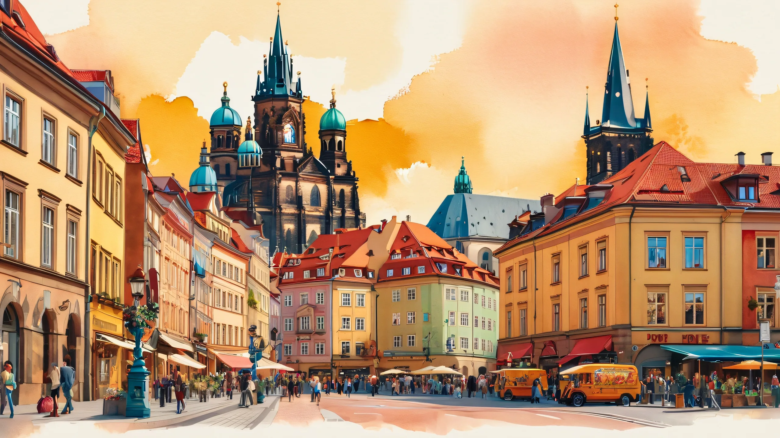 Aesthetic Vibrant City Chronicles Background Vintage camera traveler exploring historic streets of Berlin and Prague on desktop/pc, featuring street art and architectural wonders with old-world charm and modern flair.