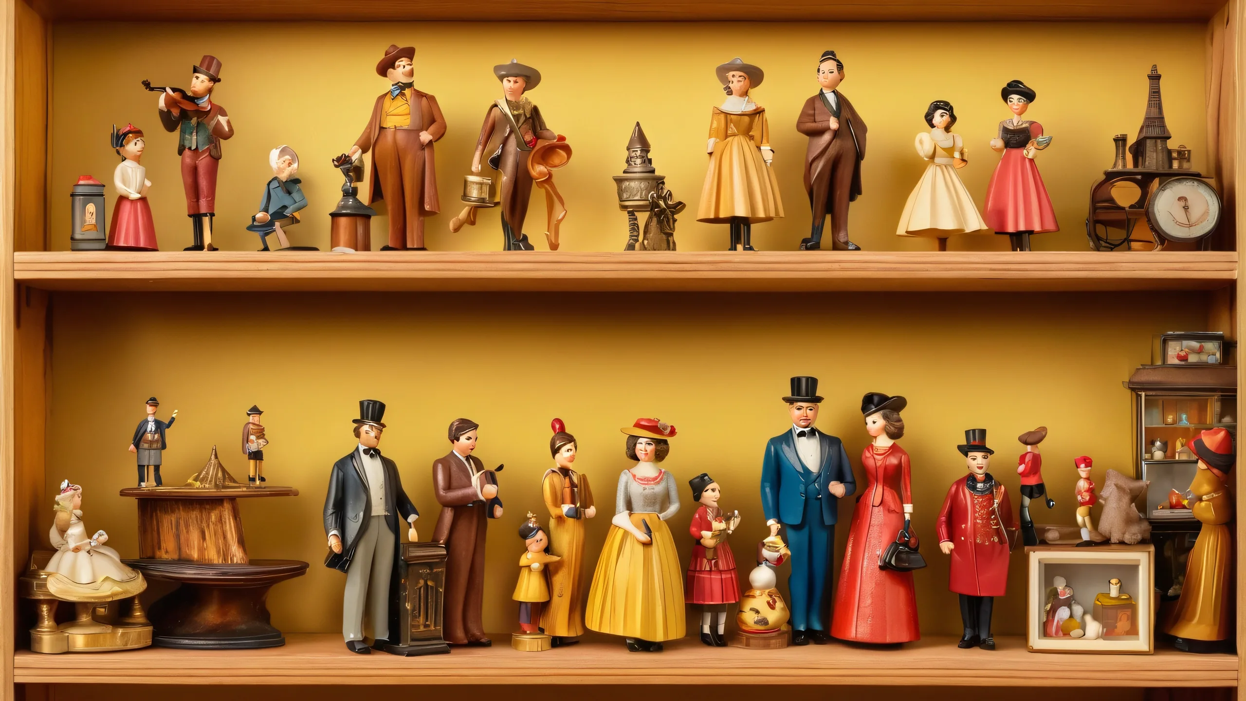 Vintage Curiosity Shop Charm 4K UHD Widescreen A whimsical assortment of vintage-inspired vinyl figures on a worn wooden shelf with dusty antique artifacts and faded photographs, perfect for desktop/PC.