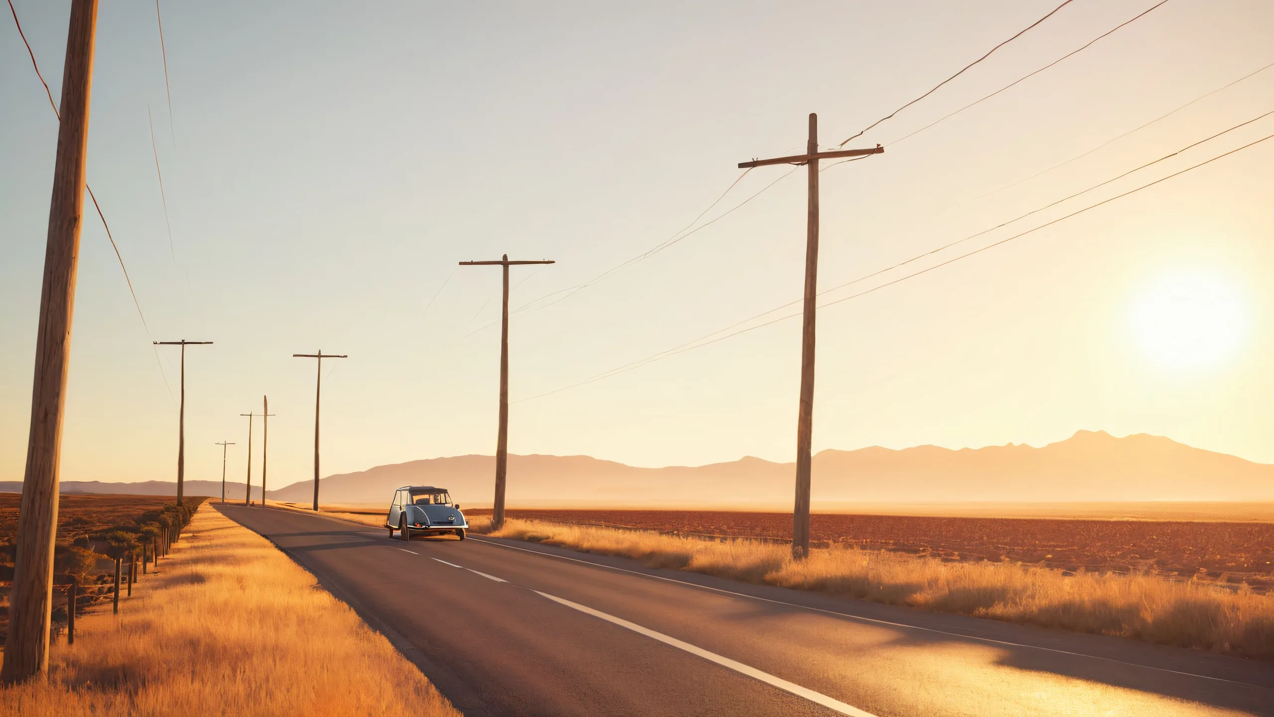 Stunning Vintage Glamour on the Open Road 4K Wallpaper A vintage Citroën ID 20 Break with a chrome-plated exterior shines brightly on a sunny afternoon, set against a desolate French highway with sparse trees and telephone poles. Suitable for desktop/PC use.