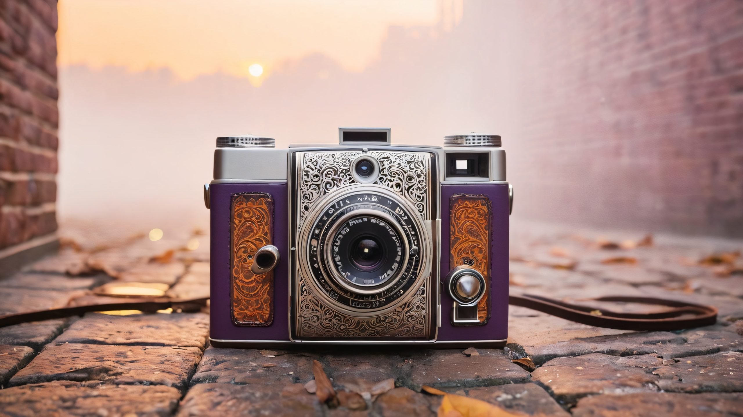 Vintage Instant Camera Noir 4K UHD Wallpaper A vintage-inspired instant camera on a dimly lit alleyway background with swirling fog and nostalgic atmosphere suitable for desktop/PC