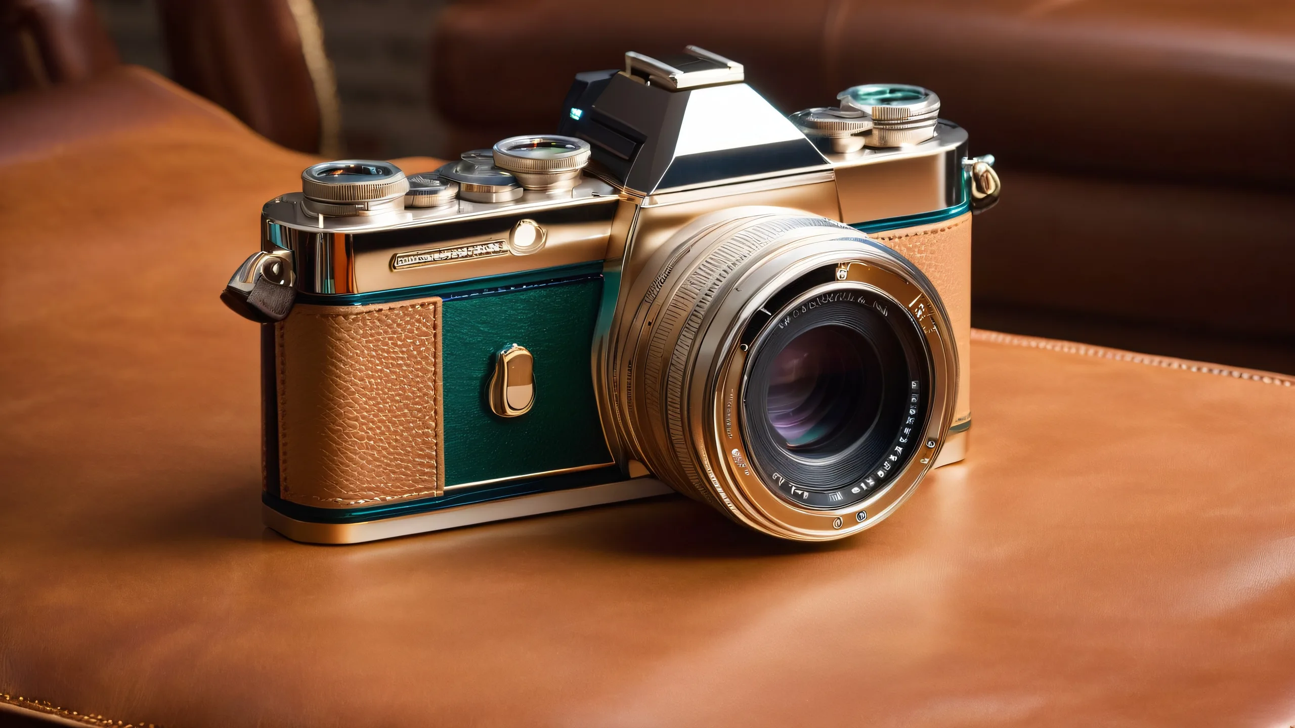 A desktop wallpaper featuring a sleek camera body and vintage photography equipment on a rich leather album cover with softbox lighting.