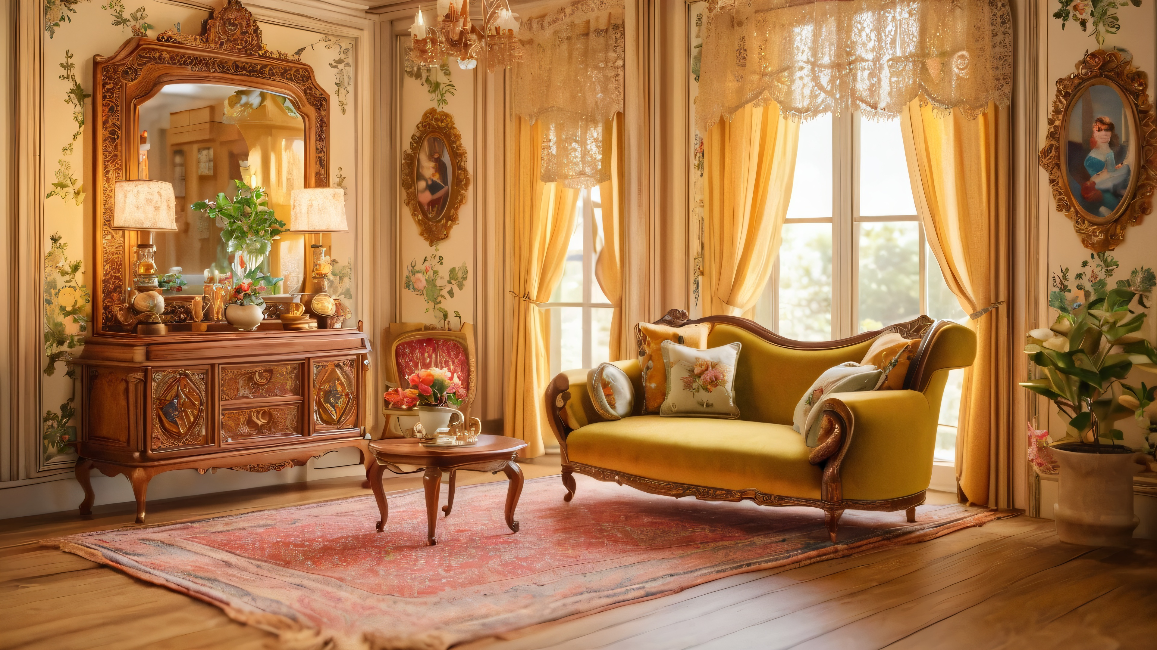 A miniature sofa with intricate carvings, velvet cushions, and lace trimming in a meticulously crafted dollhouse setting.