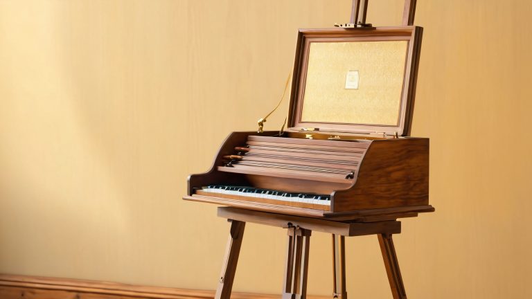 vintage music box antique easel still life scaled
