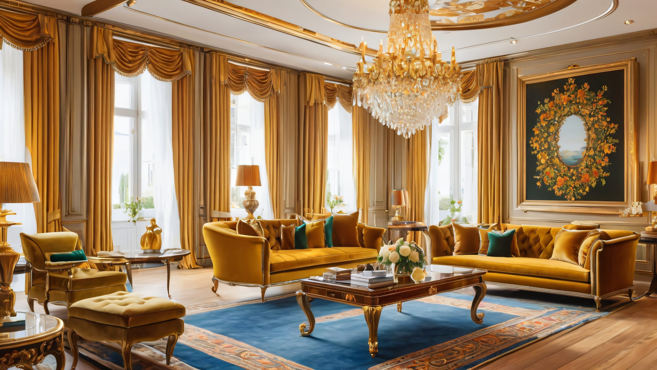 A beautifully arranged collection of vintage-style oil paintings on a luxurious desktop, featuring intricate golden frames and soft lighting, perfect for a desktop/PC