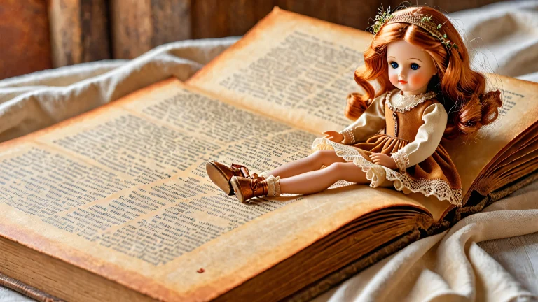 A realistic image of a doll sitting on an old book page with gentle side lighting.