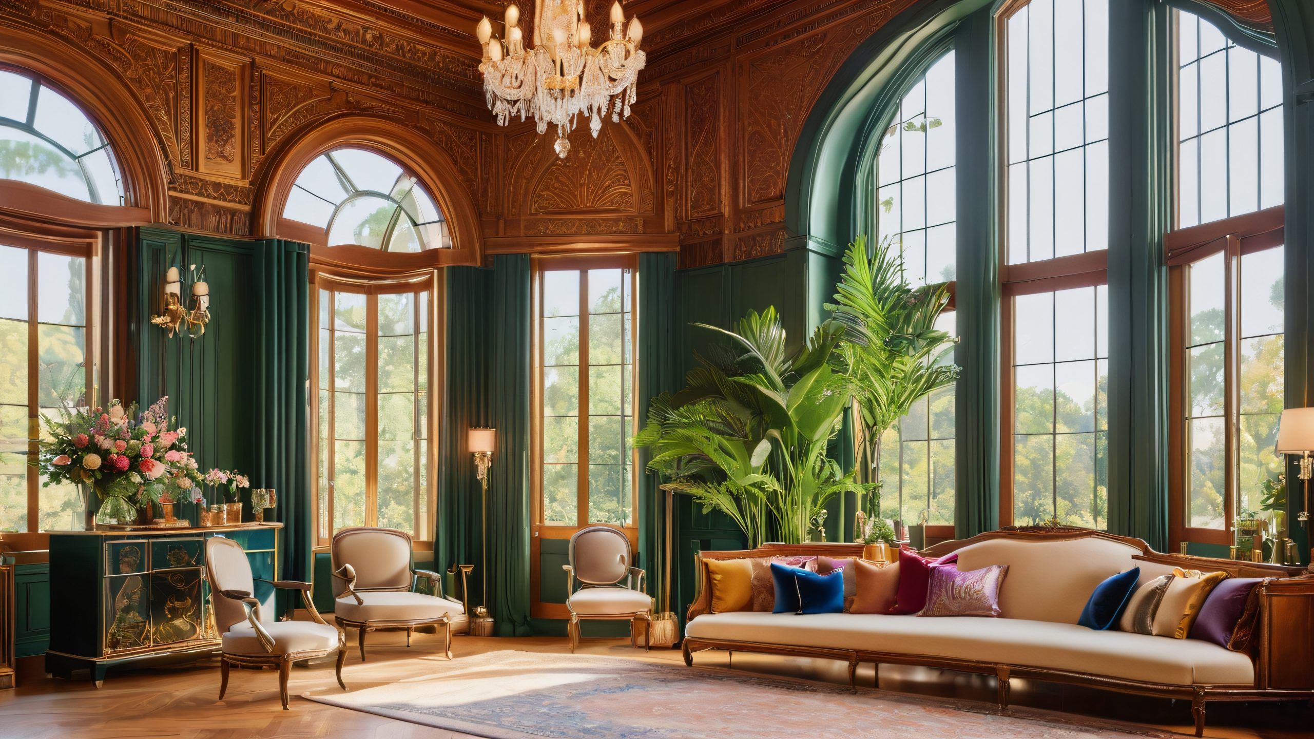 A beautifully lit desktop wallpaper featuring a wedding and portrait photography studio with lush greenery and props, suitable for PC or desktop use.