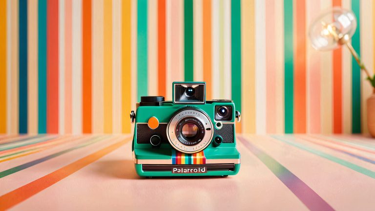 vintage polaroid camera colorful stripes 4k wallpaper scaled
