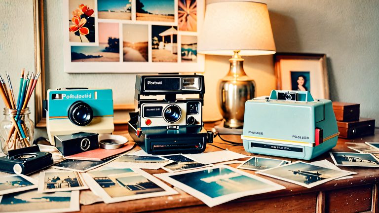vintage polaroid camera wallpaper with faded photographs scaled