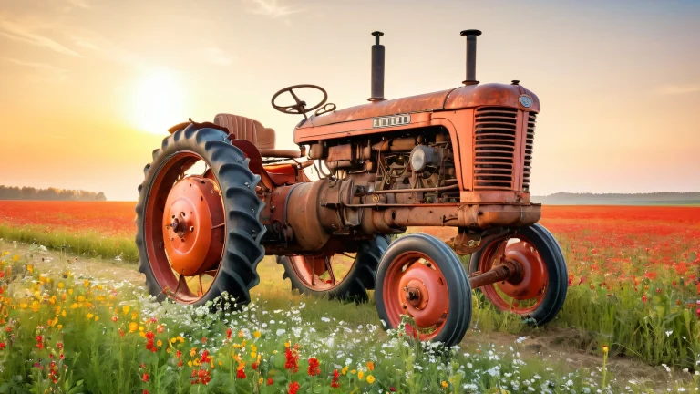 A retro-style desktop wallpaper featuring a vintage tractor with intricate details and worn leather seat, set against a warm sunny sky with overgrown field and wildflowers. Suitable for PC or Desktop.
