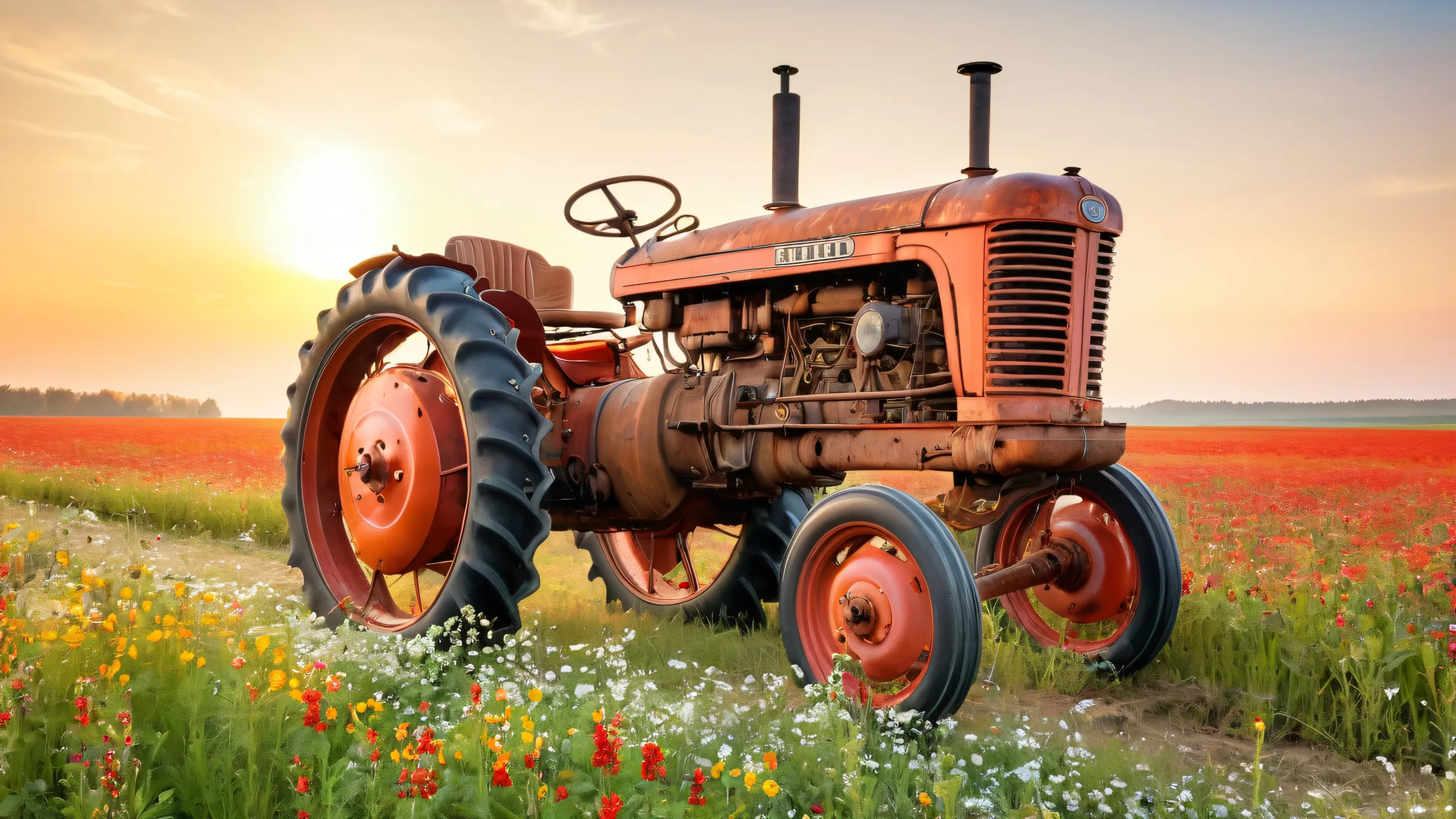 A retro-style desktop wallpaper featuring a vintage tractor with intricate details and worn leather seat, set against a warm sunny sky with overgrown field and wildflowers. Suitable for PC or Desktop.