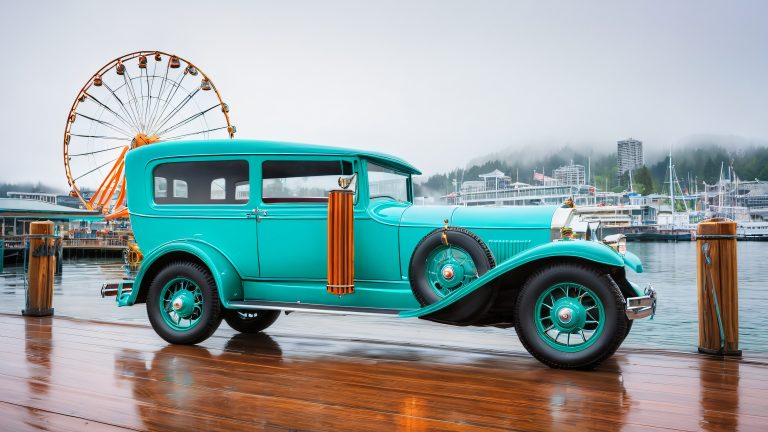 vintage retro futuristic jalopy seattle waterfront 4k wallpaper scaled