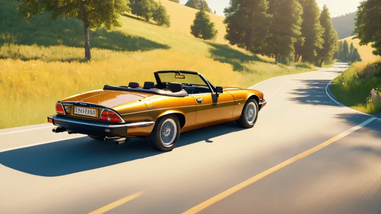 Iconic Jaguar XJS convertible on a sun-drenched country road with rolling hills and wildflowers, suitable for desktop/pc use.