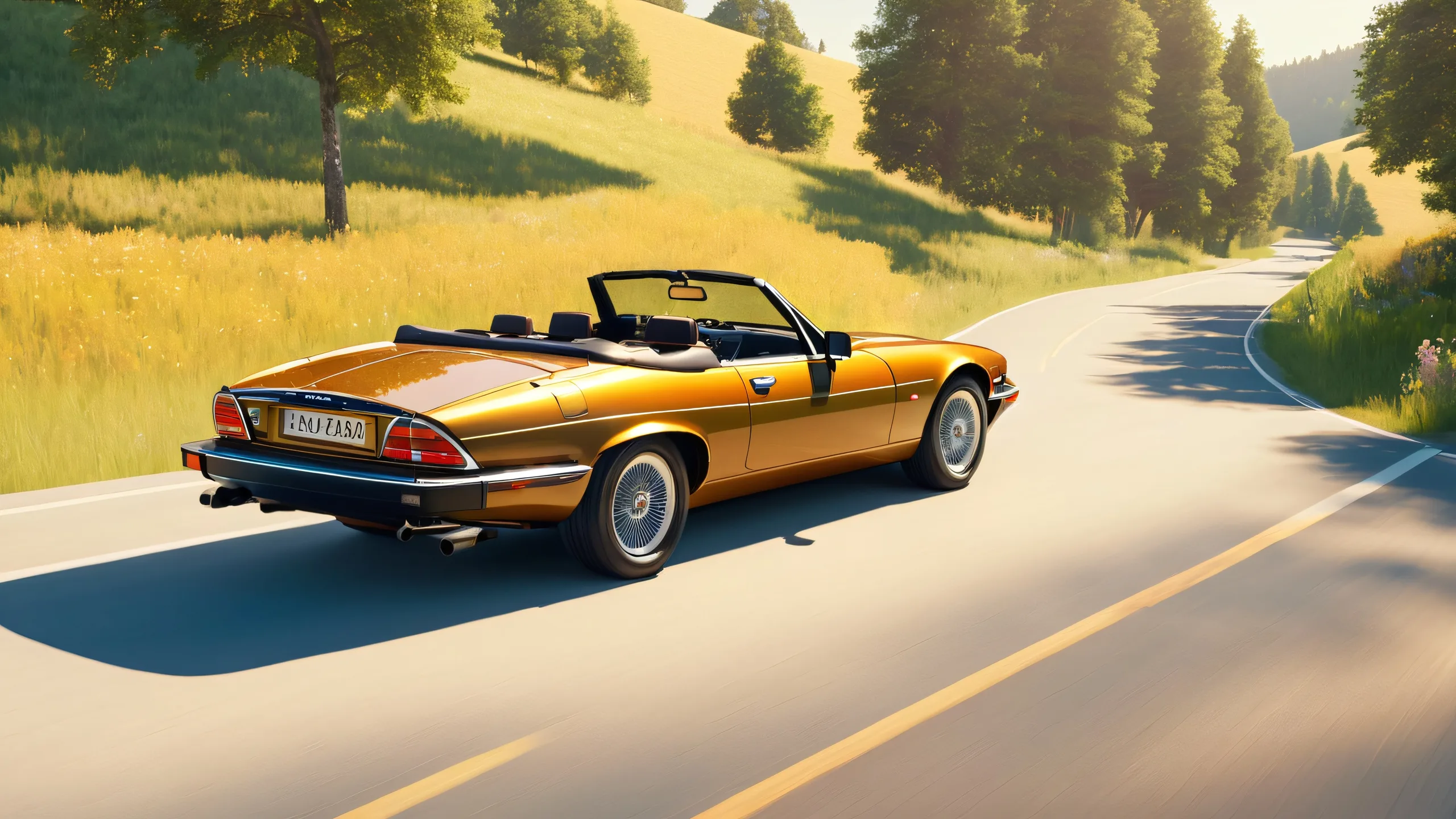 Iconic Jaguar XJS convertible on a sun-drenched country road with rolling hills and wildflowers, suitable for desktop/pc use.