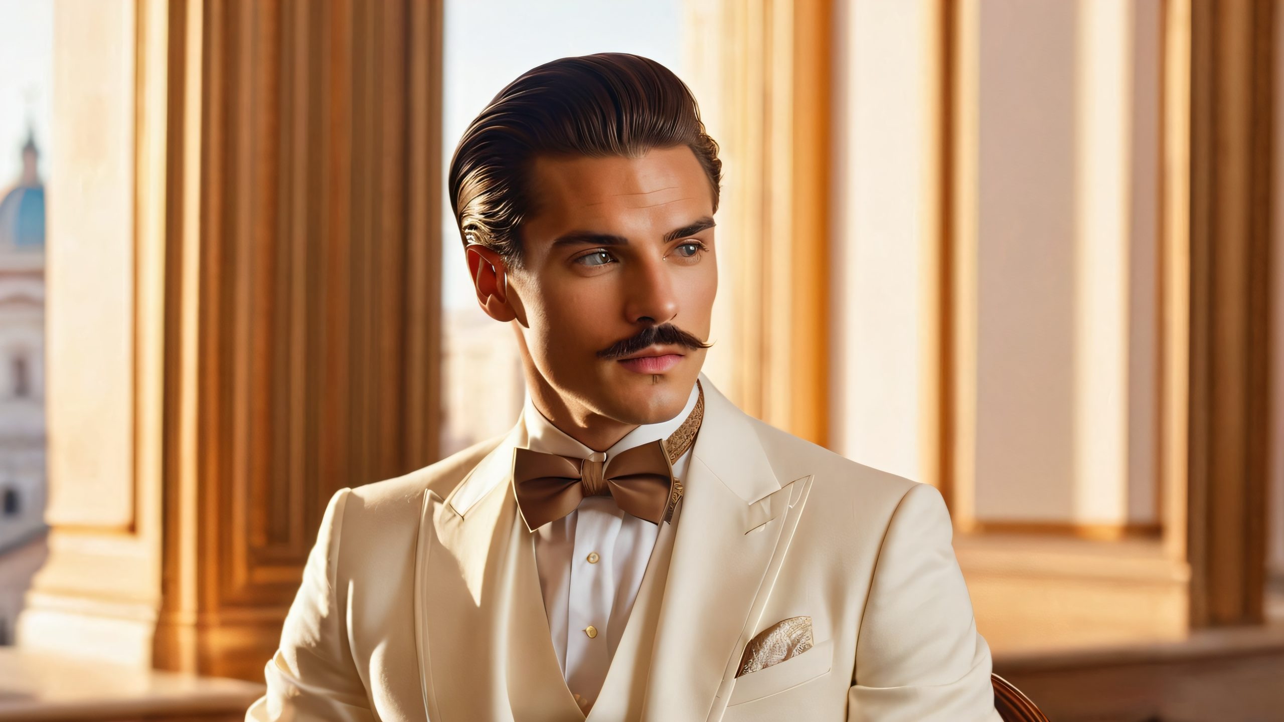 Ultra HD Studious Renaissance Gentleman Wallpaper Vintage-style portrait of a young man in a three-piece suit, sitting against Italian Renaissance architecture on a desktop/PC.