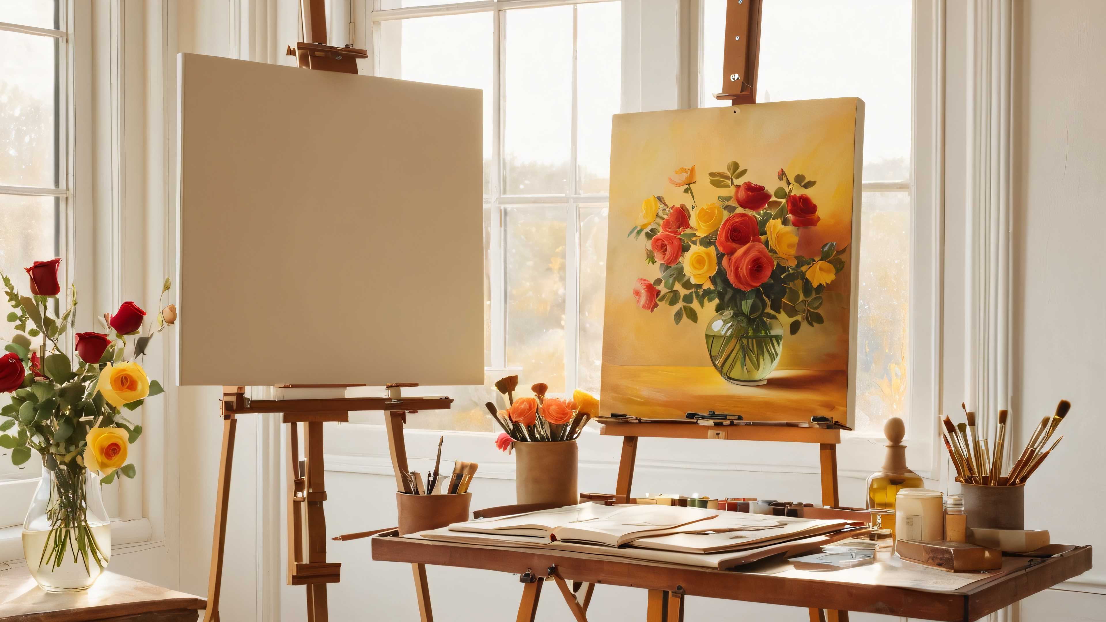 A serene studio space with vintage art supplies and a half-painted canvas, featuring earth tones and pops of rich color.