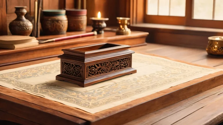 Beautiful wooden calligraphy brush holder on a worn wooden desk with scattered papers, inkwells, and antique quills for Desktop/PC.