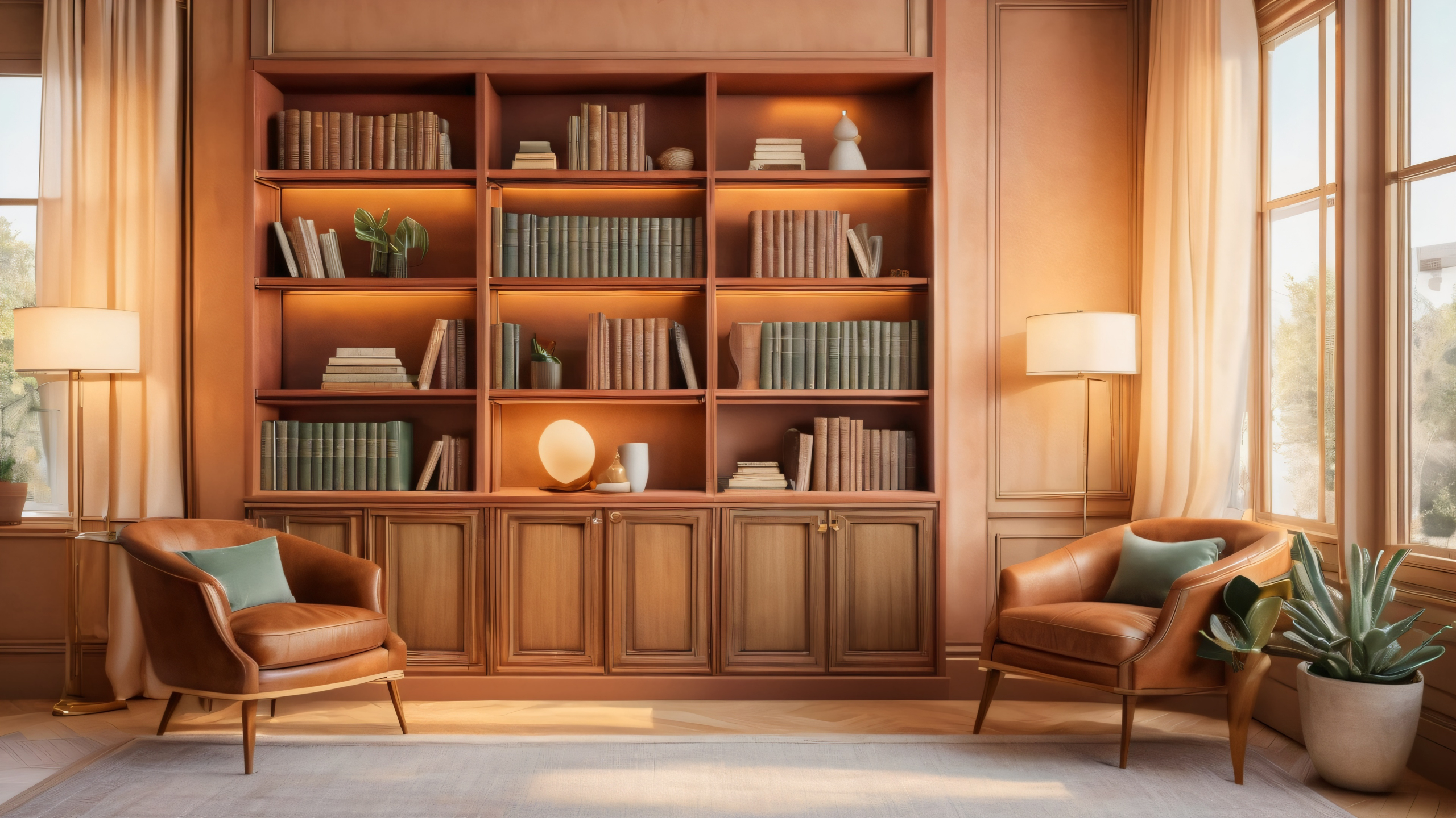 4K Vintage Study Sanctuary Desktop Background Cozy vintage study or library scene for desktop/pc featuring bookshelves, table lamps, and soft glow.
