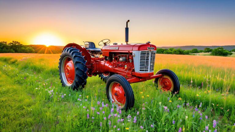 vintage tractor massey ferguson 150 texas sunset landscape wallpaper scaled