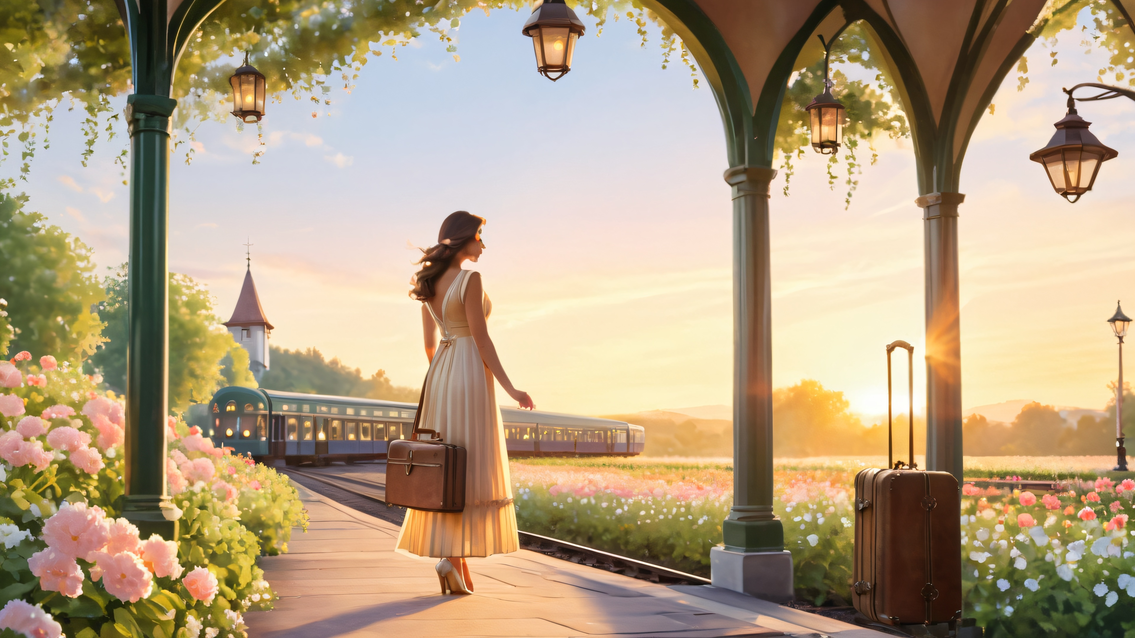 A young woman standing at an old-fashioned train platform, gazing out at the setting sun and lush greenery.