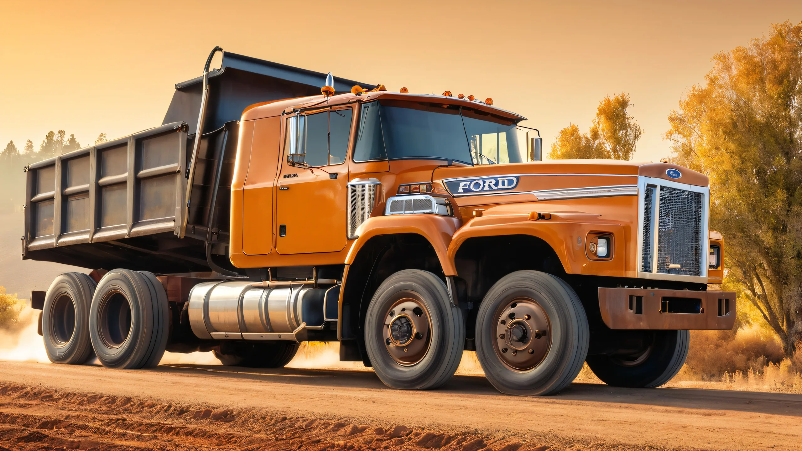 Vintage Truckyard Sunset 4K Desktop Wallpaper A majestic Ford L9000 dump truck on a rural highway with scrap metal and machinery, perfect for desktop/PC backgrounds.