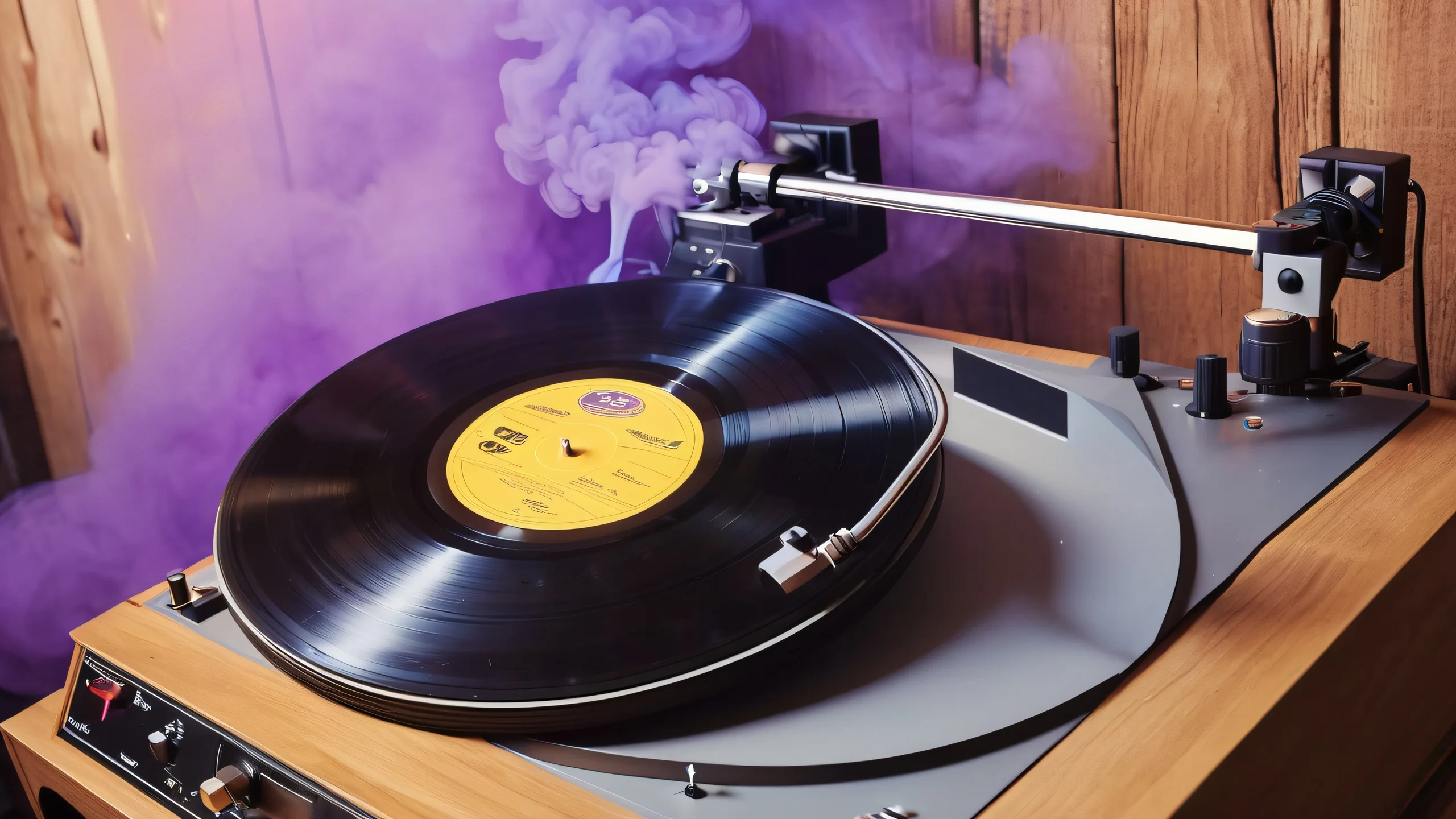 Vinyl Nostalgia 4K UHD Wallpaper A vinyl record spinning on a retro turntable, surrounded by blue and purple wisps, on a dimly lit wooden setting with vintage equipment. Suitable for desktop or PC.
